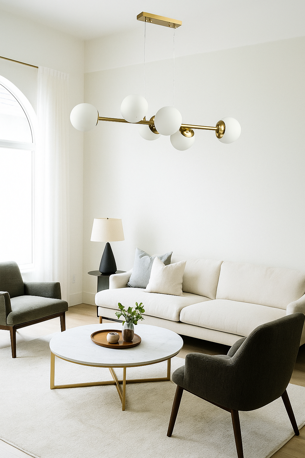 Lampa wisząca Bali 6xE27 w kolorze złotym z sześcioma białymi okrągłymi kloszami, zawieszona w nowoczesnym wnętrzu. Kąt ujęcia frontalny, ukazujący lampa nad sofą i stolikiem kawowym. Tło jasne, minimalistyczne.