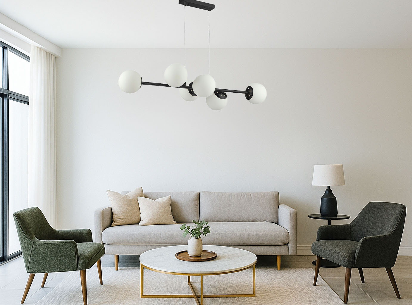 Lampa wisząca Bali w kolorze czarnym, z sześcioma oprawami na żarówki E27. Posiada kuliste, mleczne klosze rozmieszczone na metalowej konstrukcji. Zawieszona w nowoczesnym wnętrzu, nad okrągłym stołem.