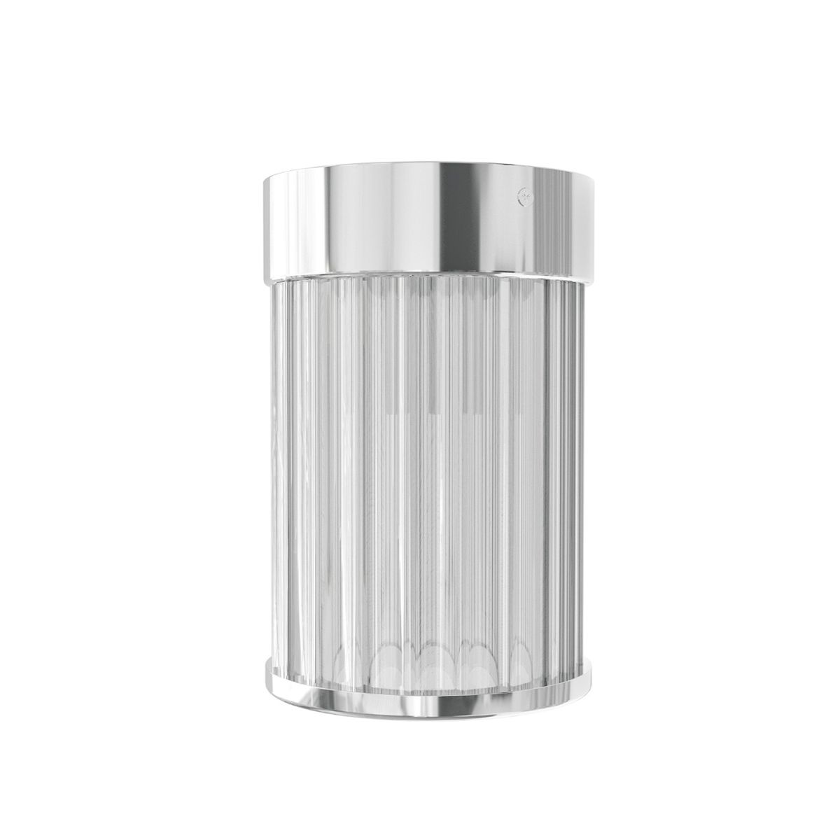 Lampa sufitowa Fiatto PL Cromo 8, z chromowanym metalowym kloszem i przezroczystymi, żłobionymi elementami. Ujęcie frontalne, lampa o cylindrycznym kształcie, przeznaczona do żarówki G9. Tło białe, proste.