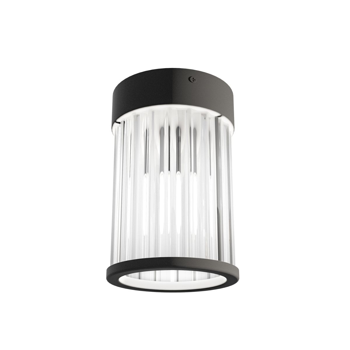 Lampa sufitowa Fiatto PL Nero 8 o czarnej oprawie, z przezroczystymi, pionowymi elementami. Całość ma cylindryczny kształt, z zamontowanym źródłem światła G9. Ujęcie z przodu, ukazujące szczegóły designu i fakturę materiałów.