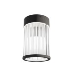Lampa sufitowa Fiatto PL Nero 8 o czarnej oprawie, z przezroczystymi, pionowymi elementami. Całość ma cylindryczny kształt, z zamontowanym źródłem światła G9. Ujęcie z przodu, ukazujące szczegóły designu i fakturę materiałów.