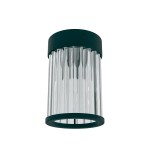 Lampa sufitowa Fiatto PL Nero 8, czarna, z metalowym kloszem i przezroczystymi, pionowymi prętami. Ujęcie z dołu, produkt zamontowany. Źródło światła G9, o średnicy około 15 cm, idealna do nowoczesnych wnętrz.