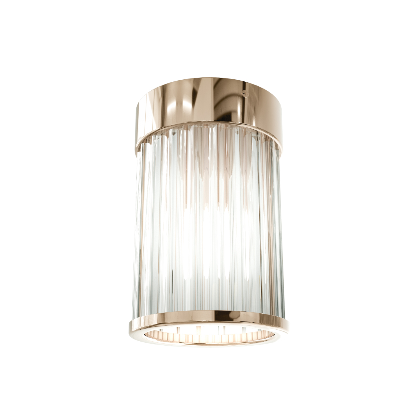 Lampa sufitowa Fiatto PL Gold 8, o złotej metalowej podstawie, cylindrycznym kształcie i transparentnych, pionowych elementach. Zainstalowana jedna żarówka G9. Produkt widoczny na białym tle, z perspektywy frontalnej.