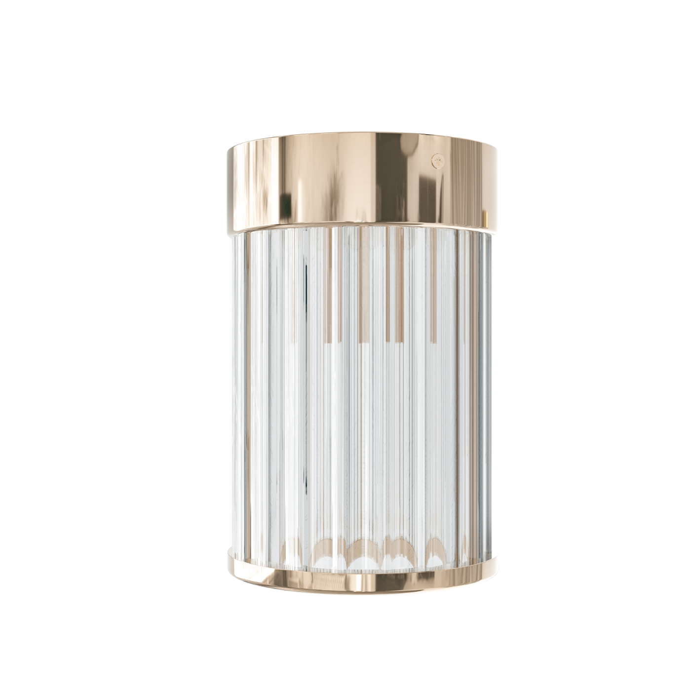 Lampa sufitowa Fiatto PL Gold 8 w złotym kolorze, z przezroczystymi, pionowymi żłobieniami. Okrągła konstrukcja z górnym metalowym wykończeniem, przeznaczona na jedną żarówkę G9. Stojąca, z eleganckim designem, na jednolitym tle.