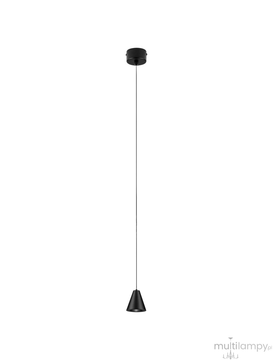 Lampa wisząca Achocalla w kolorze czarnym, z pojedynczym źródłem LED 5W. Zawieszona na cienkim przewodzie, ma kształt stożkowaty z wąskim końcem. Zamontowana na okrągłej podstawie sufitowej. Idealna do nowoczesnych wnętrz.