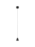 Lampa wisząca Achocalla w kolorze czarnym, z pojedynczym źródłem LED 5W. Zawieszona na cienkim przewodzie, ma kształt stożkowaty z wąskim końcem. Zamontowana na okrągłej podstawie sufitowej. Idealna do nowoczesnych wnętrz.