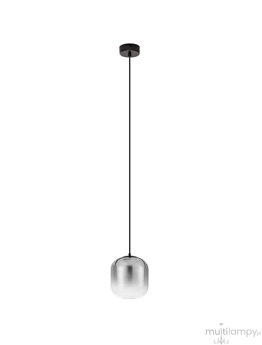 Czarna lampa wisząca Anuco z jedną żarówką LED 3W, zawieszona na cienkim czarnym przewodzie. Klosz o okrągłym kształcie, w górnej części lekko przezroczysty, z metalicznym wykończeniem. Prosty design, idealna do nowoczesnych wnętrz.