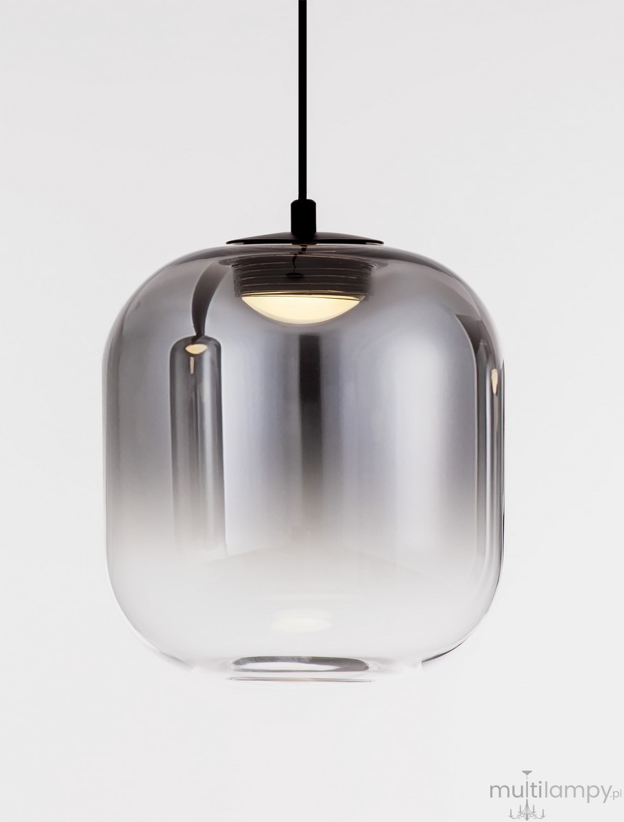 Lampa wisząca Anuco w kolorze czarnym z przezroczystym kloszem, unikalny kształt w formie dużej kuli. Zawieszona na czarnym kablu, z wbudowanym źródłem światła LED 3W, idealna do nowoczesnych wnętrz.