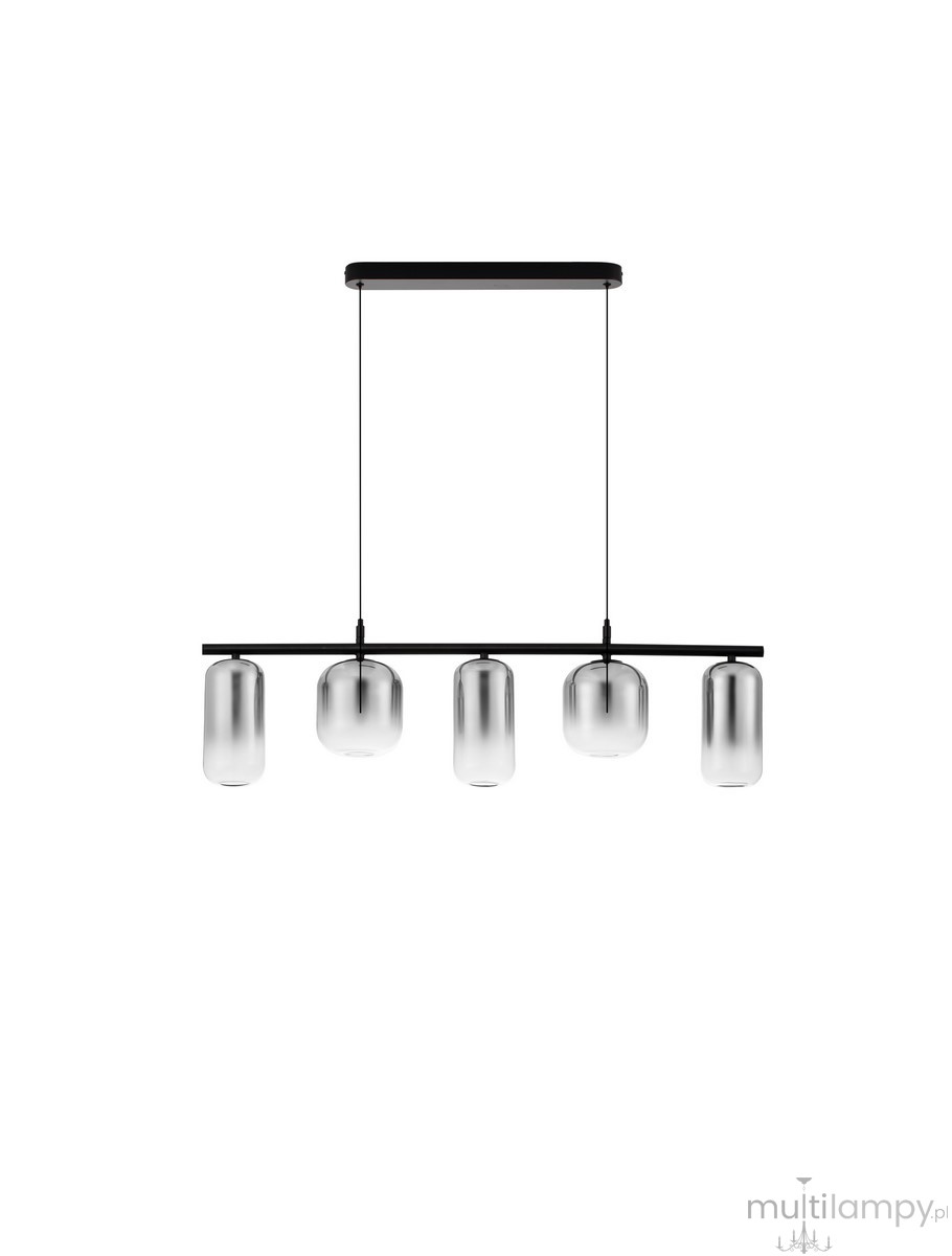 Lampa wisząca Anuco z pięcioma żarówkami LED 19W w kolorze czarnym. Prosta, metalowa konstrukcja z poziomą belką, na której zawieszone są szklane klosze w kształcie cylindrów. Wisi na cienkich linkach, idealna do nowoczesnych wnętrz.