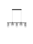 Lampa wisząca Anuco z pięcioma żarówkami LED 19W w kolorze czarnym. Prosta, metalowa konstrukcja z poziomą belką, na której zawieszone są szklane klosze w kształcie cylindrów. Wisi na cienkich linkach, idealna do nowoczesnych wnętrz.