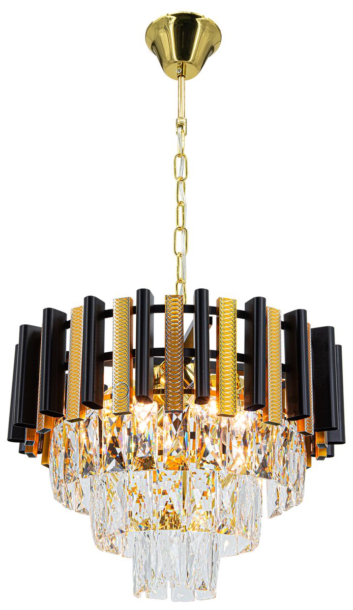 Lampa wisząca Bilbao 4xE27 w kolorze złotym i czarnym. Posiada geometryczną konstrukcję z metalowymi detalami i kryształowymi elementami, zwisająca na łańcuchu. Widoczna złota podsufitka oraz eleganckie zamocowanie. Kąt ujęcia: frontalny.