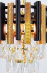 Lampa wisząca Bilbao 3xE14 w kolorze złotym i czarnym, z metalowymi elementami w kolorze czarnym oraz dekoracyjnymi wstawkami w złocie. Wyposażona w przezroczyste kryształowe zawieszenia, widoczna z bliska, podkreślająca detale konstrukcji.