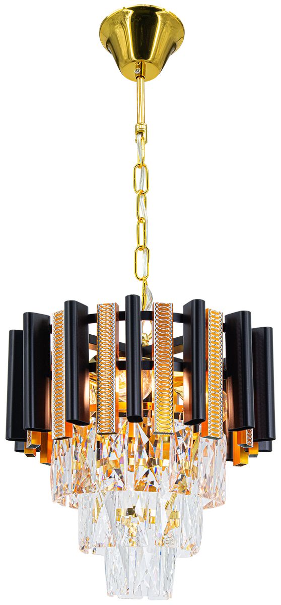 Lampa wisząca Bilbao 3xE14 w kolorze złotym i czarnym. Posiada cylindryczne elementy w czerni oraz kryształowe detale na dole, zawieszona na złotej łańcuchu. Kąt ujęcia z góry, ukazujący całość konstrukcji oraz detale.