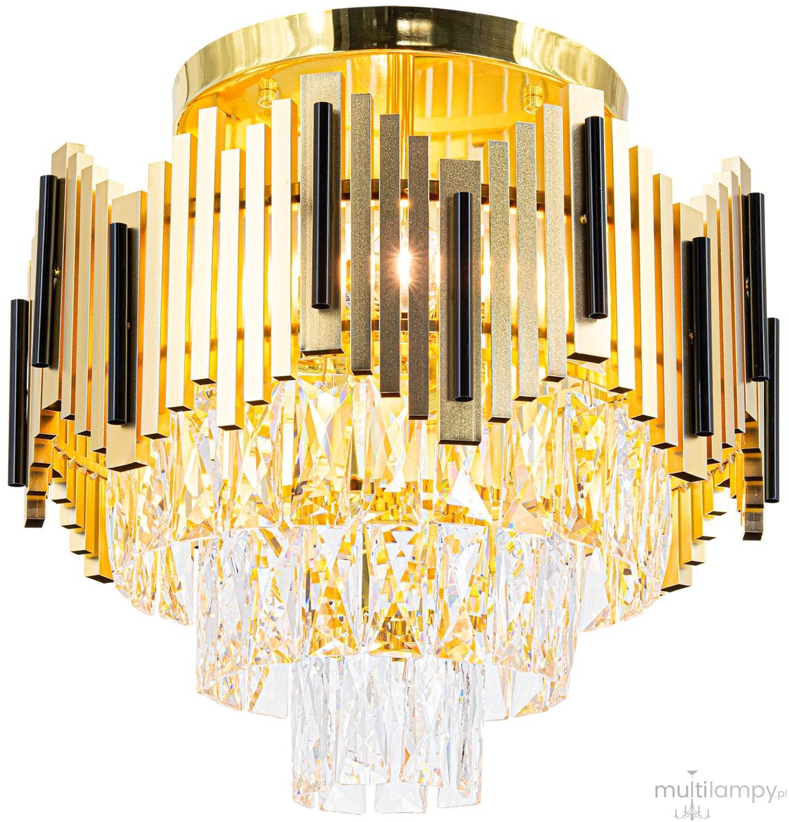 Lampa sufitowa Belize 4xE27 w kolorze złotym i czarnym, z dekoracyjnymi prętami oraz kryształowymi elementami na dole. Ujęcie z boku, ukazujące wzór i fakturę. Produkt o nowoczesnym designie, idealny do eleganckich wnętrz.