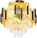 Lampa sufitowa Belize 4xE27 w kolorze złotym i czarnym, z dekoracyjnymi prętami oraz kryształowymi elementami na dole. Ujęcie z boku, ukazujące wzór i fakturę. Produkt o nowoczesnym designie, idealny do eleganckich wnętrz.