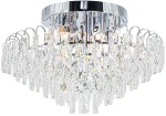 Lampa sufitowa Monaco w kolorze chromu z sześcioma oprawami na żarówki E27. Posiada kryształowe elementy w formie wiszących, prostokątnych reflektorów. Ujęcie z dołu, prezentujące detale wykończenia i połysk materiałów.