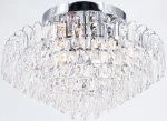Lampa sufitowa Monaco z sześcioma miejscami na żarówki E27, chromowana podstawa i kryształowe zawieszenia w kształcie trójkątów, umieszczona w górnej pozycji, na jasnym tle. Oferuje elegancki i nowoczesny design.
