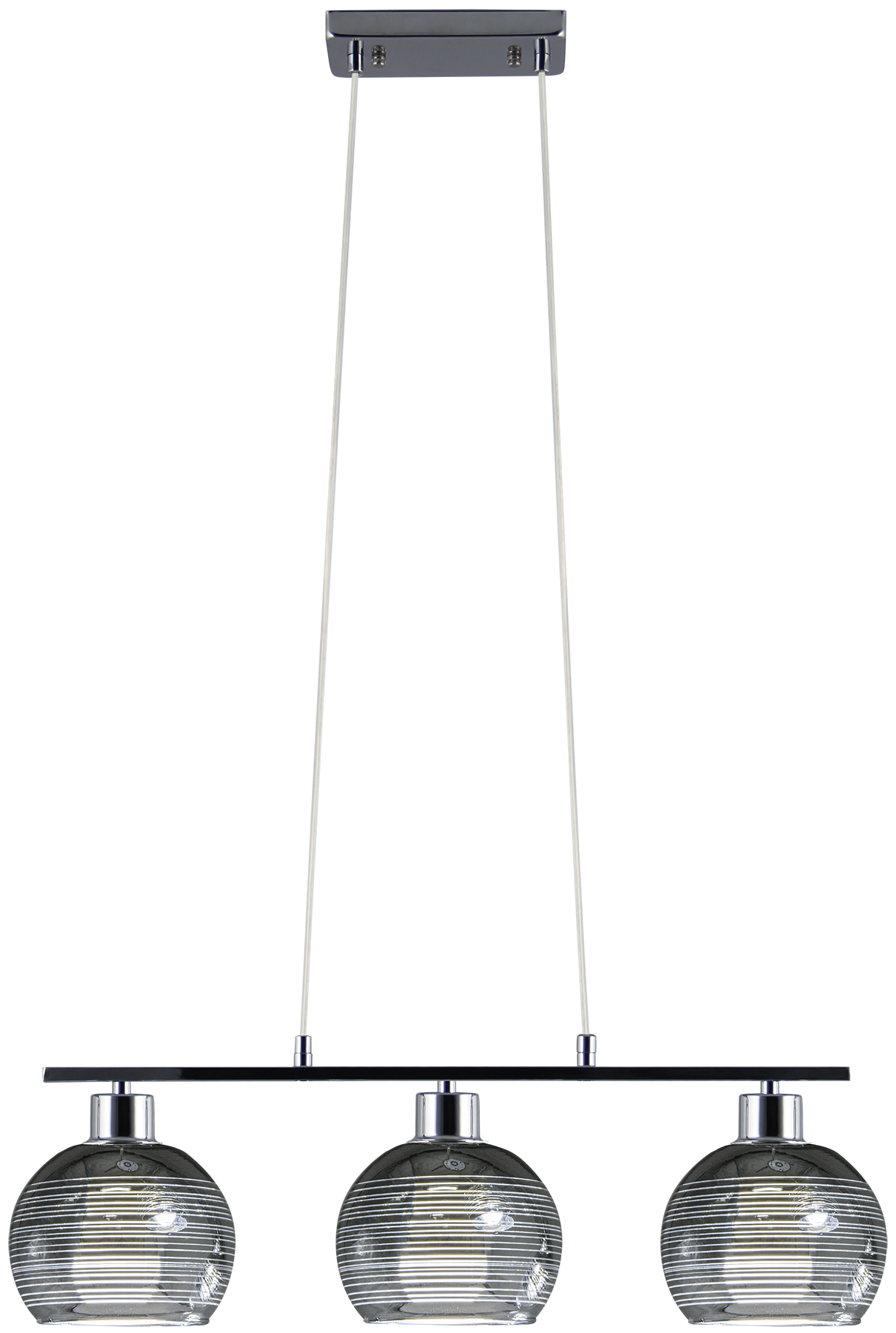 Lampa wisząca Luksor 3xE27 w kolorze chromu, z trzema szklanymi kloszami o okrągłym kształcie, zdobionymi poziomymi liniami. Produkt zawieszony na metalowej listwie, z widocznymi przewodami. Idealna do nowoczesnych wnętrz.