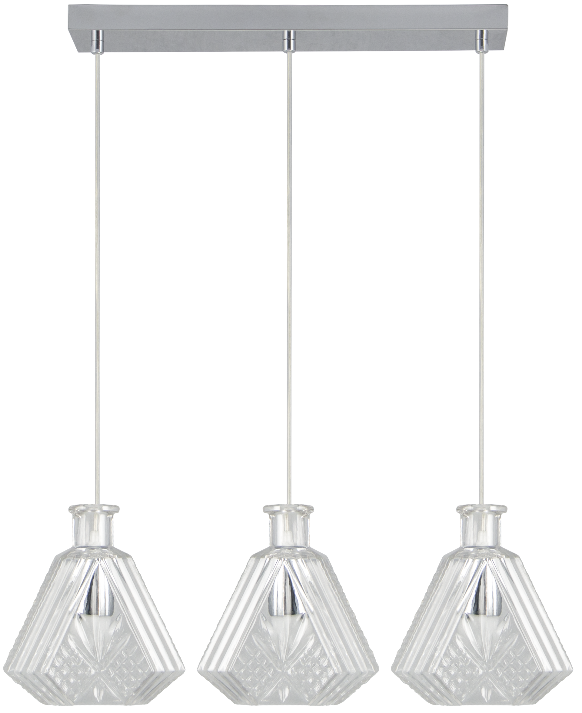 Lampa wisząca Eger 3xE27 w chromowanej oprawie, z trzema przezroczystymi, szklanymi kloszami o geometrycznym kształcie. Klosze mają teksturowaną powierzchnię, zawieszone na cienkich linkach podtrzymujących. Montaż na suficie.