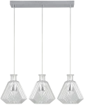 Lampa wisząca Eger 3xE27 w chromowanej oprawie, z trzema przezroczystymi, szklanymi kloszami o geometrycznym kształcie. Klosze mają teksturowaną powierzchnię, zawieszone na cienkich linkach podtrzymujących. Montaż na suficie.