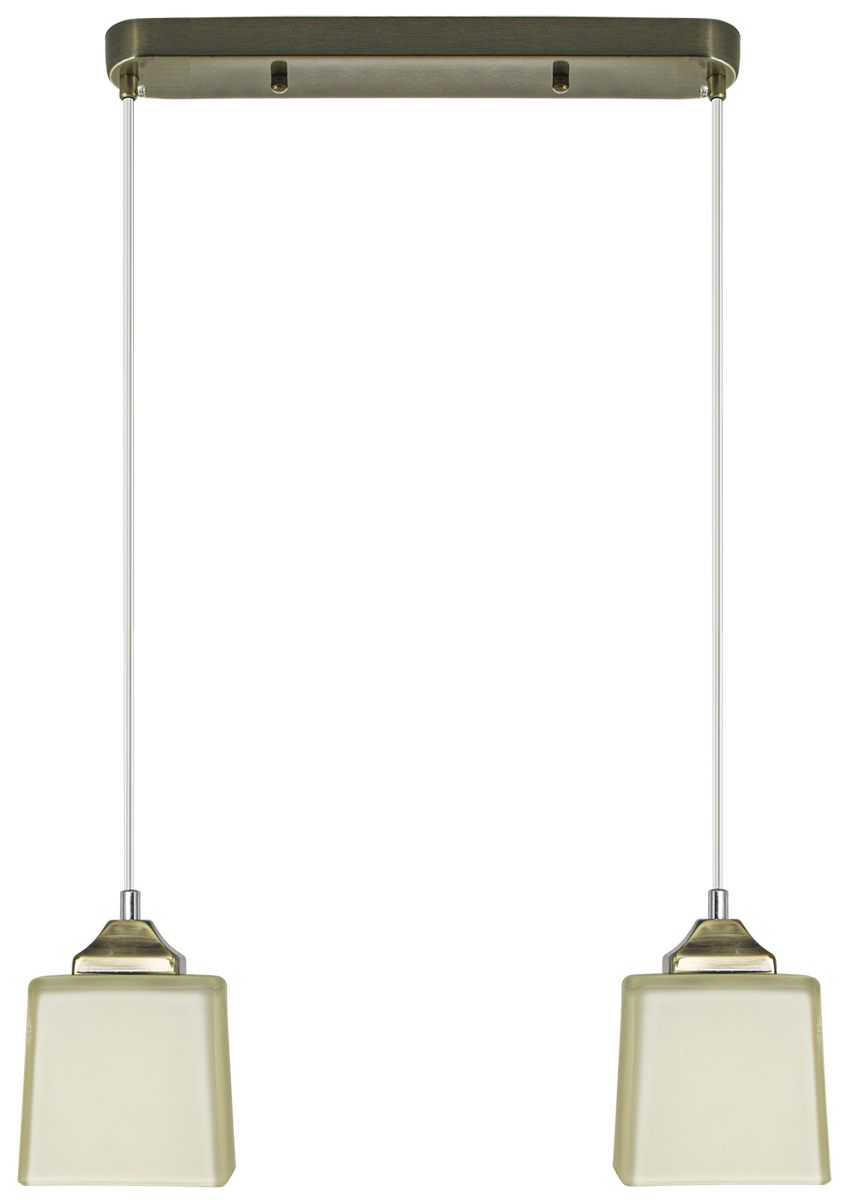 Lampa wisząca Kostka 2xE27 w kolorze mosiądzu, z dwoma kwadratowymi kloszami w odcieniu mlecznym. Zawieszona na przezroczystych przewodach, montowana do sufitu. Prosta konstrukcja z metalowym stelażem.