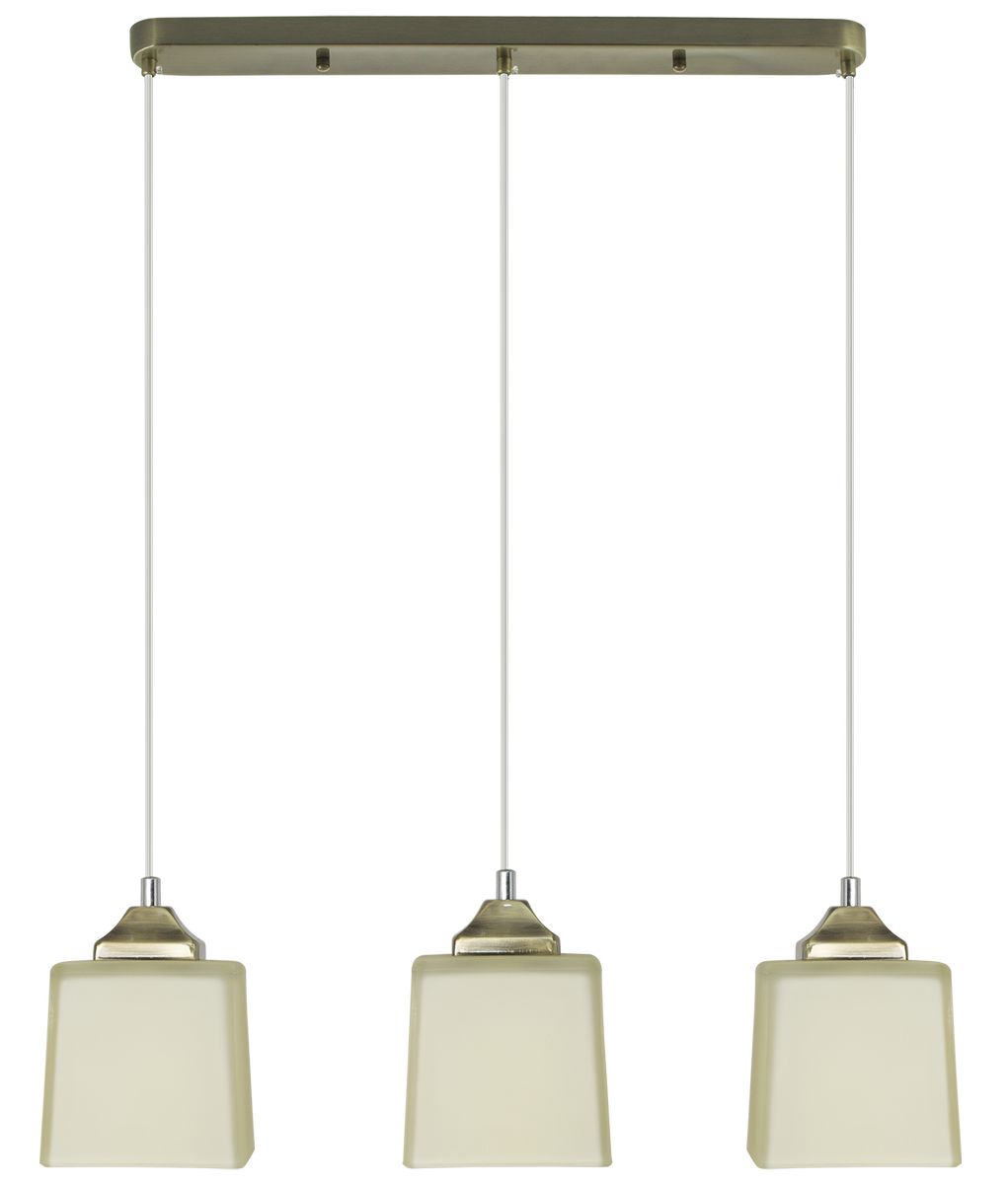 Lampa wisząca Kostka z trzema kloszami w kolorze mlecznym, zawieszona na białych linkach, z mosiężnym mocowaniem sufitowym. Klosze mają kwadratowy kształt i są umieszczone w równych odstępach.