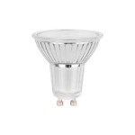 Żarówka LED GU10 o mocy 6W, ciepła biała (2700K). Szklana obudowa z dekoracyjnymi żłobieniami, z widocznymi dwoma metalowymi stykami. Ujęcie frontalne, produkt stojący na płaskiej powierzchni, bez tła.