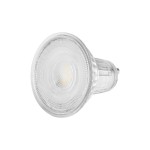 Żarówka LED GU10, 6W, neutralna biała (4000K), z przezroczystą, teksturowaną powierzchnią, w kształcie stożka. Widok z przodu, z widocznym gwintem, idealna do oświetlenia wnętrz.