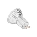 Żarówka LED GU10 o mocy 6W, emitująca neutralne białe światło (4000K). Ma metaliczny korpus z wypukłą powierzchnią i dwa stalowe pinowe złącza. Ujęcie z boku, ukazujące detale konstrukcji.