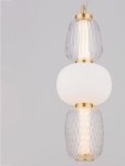 Lampa wisząca Arroyos 1xLED 28W w kolorze złotym. Składa się z trzech elementów: górnego przezroczystego klosza z rowkami, białego, okrągłego klosza oraz dolnego klosza o teksturowanej powierzchni. Wisi na cienkim, przezroczystym przewodzie.