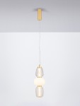 Lampa wisząca Arroyos 1xLED 28W w kolorze złotym. Posiada trzy szklane elementy w różnych kształtach: przezroczysty, biały i teksturowany. Zawieszona na cienkim, białym przewodzie, z okrągłym, metalowym mocowaniem sufitowym.