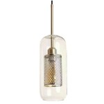 Lampa wisząca Nobbile z metalowym złotym kloszem w kształcie tuby, w przezroczystym szkle. Umieszczona na cienkim, złotym zawieszeniu. Widoczne detale perforacji klosza, które tworzą efekt świetlny.