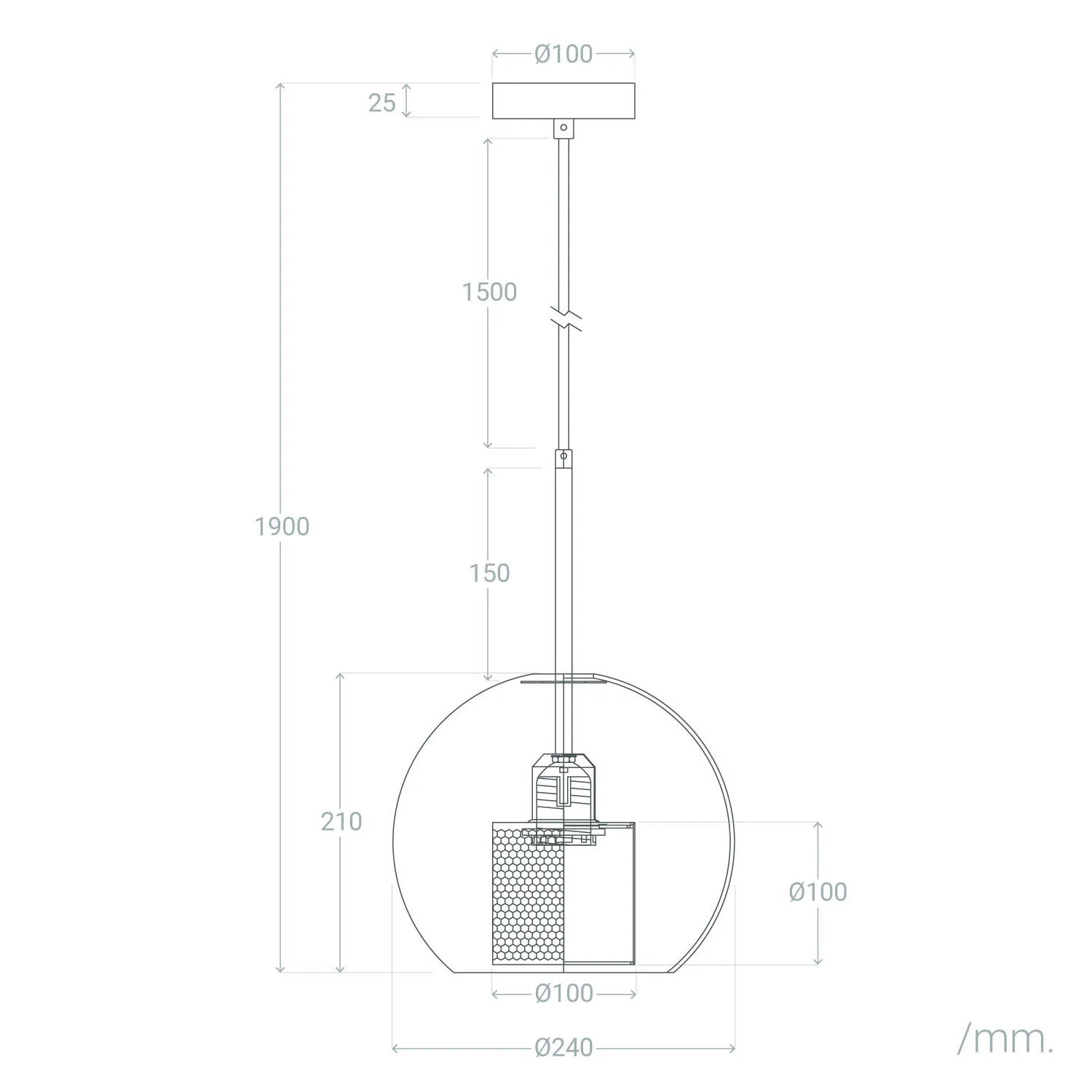 Lampa wisząca Nobbile 2 z jednym gniazdem E27, w złotym kolorze. Okrągła, metalowa obudowa o średnicy 240 mm, zawieszona na regulowanym przewodzie o długości 1500 mm, z prostokątnym elementem mocującym. Wysokość całkowita 1900 mm.