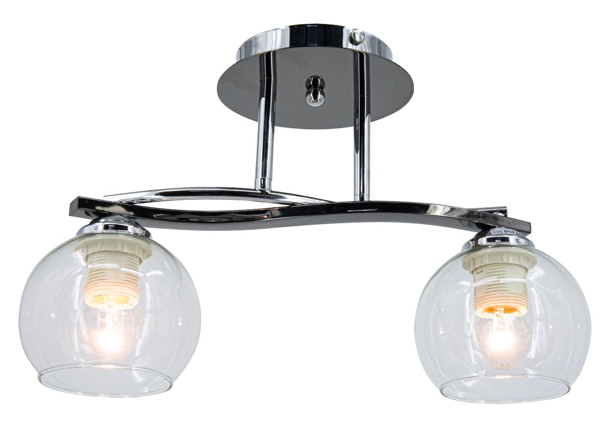 Lampa sufitowa Cleo z dwoma kulistymi kloszami z przezroczystego szkła, zawieszona na chromowanej konstrukcji. Klosze osadzone na białych oprawach E27. Pozycja frontalna, z widocznym źródłem światła w każdym kloszu.