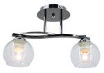 Lampa sufitowa Cleo z dwoma kulistymi kloszami z przezroczystego szkła, zawieszona na chromowanej konstrukcji. Klosze osadzone na białych oprawach E27. Pozycja frontalna, z widocznym źródłem światła w każdym kloszu.