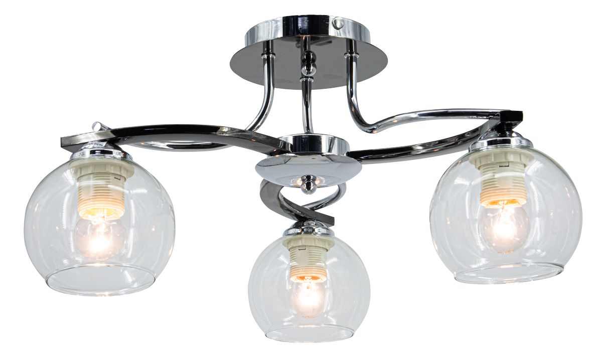 Lampa sufitowa Cleo z trzema kloszami w kształcie kul, wykonana z chromowanego metalu i przezroczystego szkła. Ułożona na stelażu z falistymi ramionami, zamontowana na suficie. Wymagana żarówka E27. Idealna do nowoczesnych wnętrz.