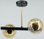 Lampa wisząca Otis 2xE27 w kolorze czarnym i złotym, z dwiema szklanymi kulami. Ujęcie z dołu, produkt w pozycji wiszącej, z metalowymi detalami i prostym wzornictwem. Tło jasne, minimalistyczne.