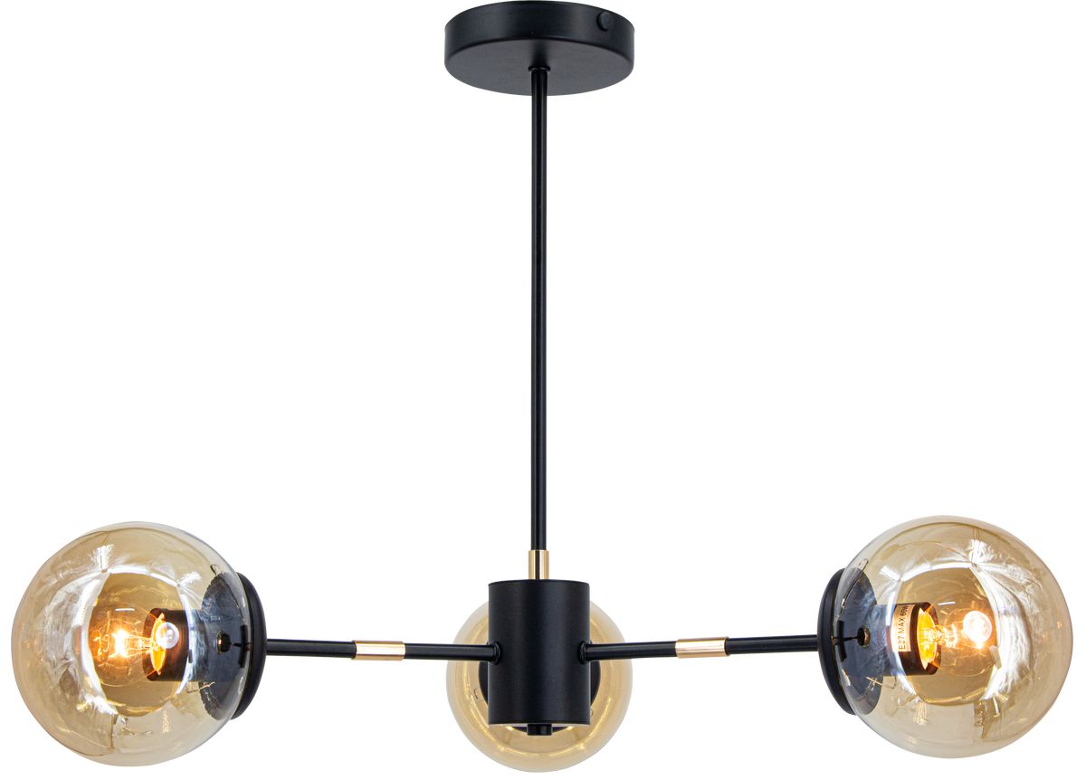 Lampa wisząca Gaja z trzema oprawami E27, w kolorze czarnym z złotymi elementami. Kształt okrągłych kloszy z przezroczystego szkła, zawieszona na cienkim metalowym stelażu. Ujęcie frontalne, produkt w pozycji wiszącej.