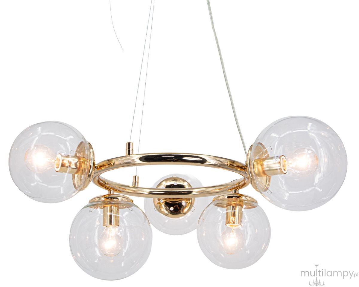Lampa wisząca Amaro w kolorze złotym, z pięcioma przezroczystymi kloszami, zawieszona na cienkim przewodzie. Klosze mają okrągły kształt, a lampa jest w stylu nowoczesnym, idealna do eleganckich wnętrz.