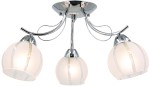 Lampa sufitowa Faro z trzema kloszami, wykonana z chromowanego metalu i białego szkła. Klosze mają zaokrąglony kształt z dekoracyjnymi paskami. Ujęcie frontalne, lampa zamontowana na suficie, widoczne elementy mocujące.