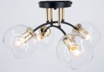 Lampa sufitowa Elba 4xE27 w kolorze czarnym i złotym. Posiada cztery szklane klosze w kształcie kul, montowane na giętych metalowych ramionach. Ujęcie z góry, z widocznymi detalami mocowania i żarówkami. Tło białe, minimalistyczne.