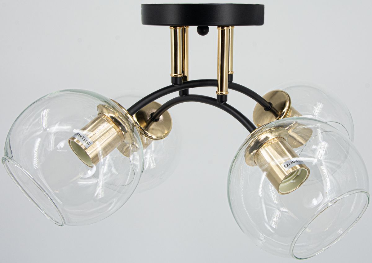 Lampa sufitowa Elba z czarnym metalowym stelażem i złotymi detalami, wyposażona w cztery przezroczyste, okrągłe klosze. Ujęcie z dołu, z widokiem na źródła światła E27. Produkt zawieszony, idealny do nowoczesnych wnętrz.