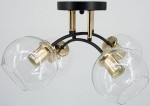 Lampa sufitowa Elba z czarnym metalowym stelażem i złotymi detalami, wyposażona w cztery przezroczyste, okrągłe klosze. Ujęcie z dołu, z widokiem na źródła światła E27. Produkt zawieszony, idealny do nowoczesnych wnętrz.