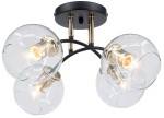 Lampa sufitowa Elba 4xE27 w kolorze czarnym i złotym. Posiada cztery przezroczyste klosze z okrągłym kształtem, umieszczone na czarnym stelażu z metalowymi elementami w kolorze złotym. Ujęcie z boku, eksponujące detale konstrukcji.