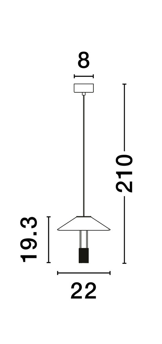 Lampa wisząca Ayaviri 1xLED 8W w kolorze czarnym, o średnicy 22 cm i wysokości 210 cm. Kształt stożka z metalowym mocowaniem, prezentująca nowoczesny design. Zawieszona na cienkim kablu, idealna do aranżacji wnętrz.