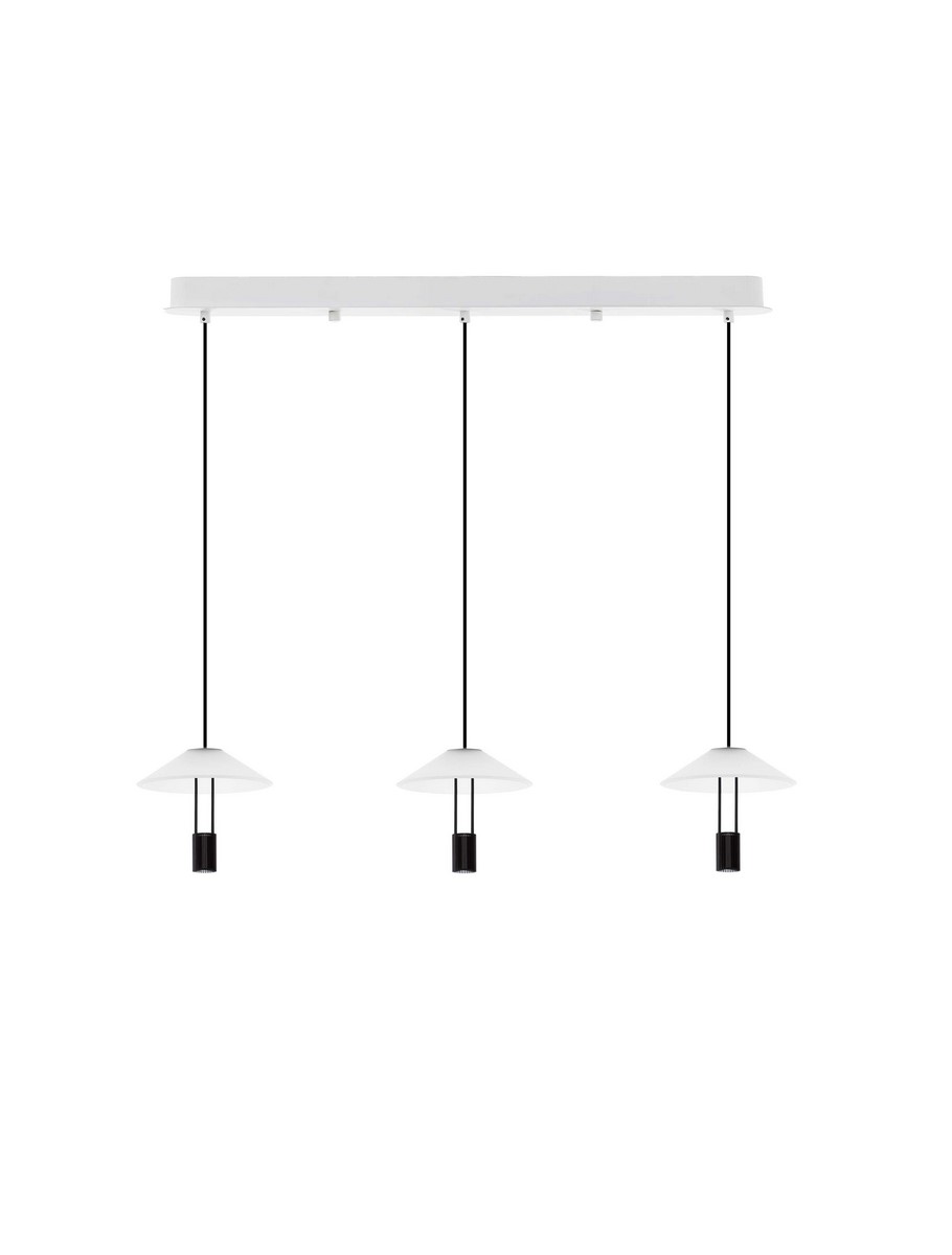 Lampa wisząca Ayaviri 3xLED 24W w kolorze białym i czarnym, składająca się z trzech kloszy w kształcie stożka na czarnych zawieszkach, zamontowana na białej podstawie. Idealna do nowoczesnych wnętrz.