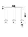 Lampa wisząca Ayaviri 3xLED 24W w kolorze białym i czarnym, z trzema kloszami w kształcie stożka. Wymiary: długość 100 cm, wysokość 200 cm, średnica kloszy 22 cm. Zawieszona na cienkich linkach, minimalistyczny design.