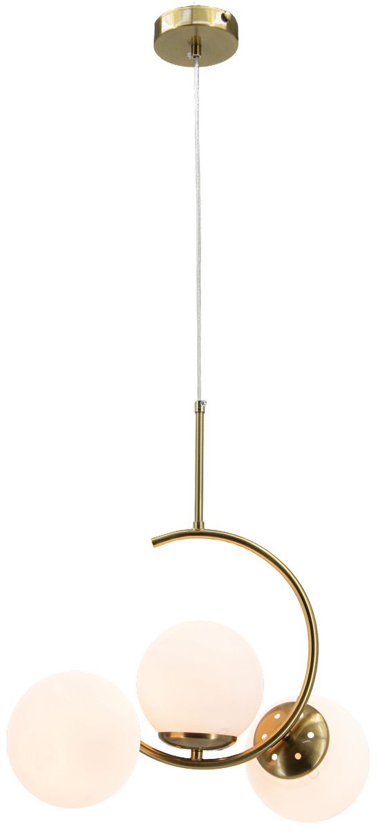 Lampa wisząca Luna z trzema kulistymi kloszami z białego szkła, zamocowana na złotej, mosiężnej konstrukcji. Ujęcie frontalne, z widocznym kablem i okrągłą podstawą. Klosze mają matową fakturę, tworząc harmonijną całość.