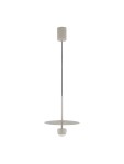 Lampa wisząca Baila w kolorze beżowym, z jedną żarówką LED 8W. Posiada okrągły, płaski klosz oraz cylindryczny uchwyt. Zawieszona na cienkim przewodzie, minimalistyczny design, idealna do nowoczesnych wnętrz.