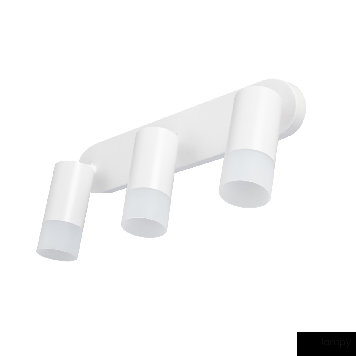 Biała lampa sufitowa Sonaya z trzema reflektorami GU10. Cylindryczne klosze z mlecznego szkła montowane na prostokątnej podstawie. Produkt prezentowany w ujęciu z boku, ukazując kształt i detale konstrukcji.